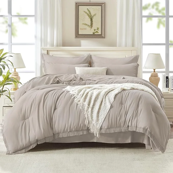 Crafted Andency Full Size Comforter Set Heather Grey -7 Pieces Boho Tassel Bed in a Bag Soft Lightweight Bedding Sets Fringe All Season Bed Set with Comforter Sheets Pillowcases amp Shams Trendy