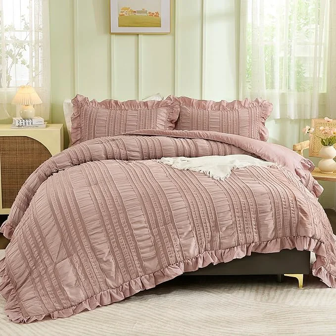 Top-Quality WONGS BEDDING Pink Comforter Set King 3 Pieces Ruffle Farmhouse Shabby Chic Boho Comforter for King Bed Soft Textured Bedding Set with 1 Ruffle Comforter 2 Tufted Pillowcases 104 quot ×90 quot Exclusive