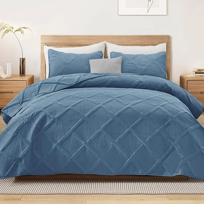 Durable Exclusivo Mezcla Quilt Set Oversized King Size 3 Pieces Grayish Blue Cal King Quilt Bedding Set Lightweight Quilts Soft Bedspreads Modern Striped Coverlets for All Seasons Easy-to-Use