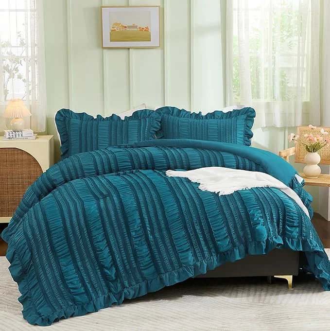 Stylish WONGS BEDDING Teal Comforter Set King 3 Pieces Ruffle Farmhouse Shabby Chic Comforter for King Bed Soft Textured Boho Bedding Set with 1 Ruffle Comforter 2 Tufted Pillowcases 104 quot ×90 quot Selected