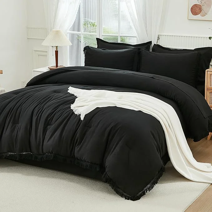 Proven Andency Black Queen Size Comforter Set with Sheets – 7 Pieces Boho Tassel Bed in a Bag Soft Lightweight Bedding Sets Black Fringe Bed Set with Comforter Sheets Pillowcases amp Shams Trusted
