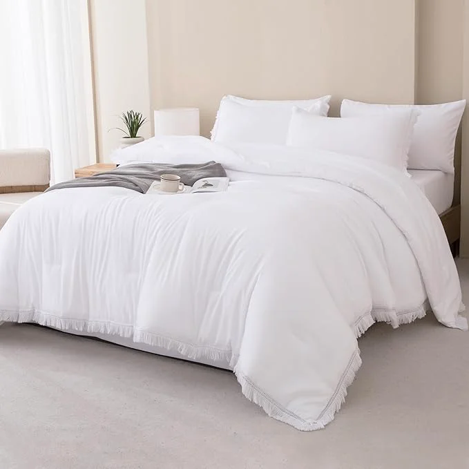 Pure Andency California King Size Comforter Set with Sheets White – 7 Pieces Cal King in a Bag Boho Bedding Sets White Fringe Bed Set with Comforter Sheets Pillowcases amp Shams Eco-Friendly