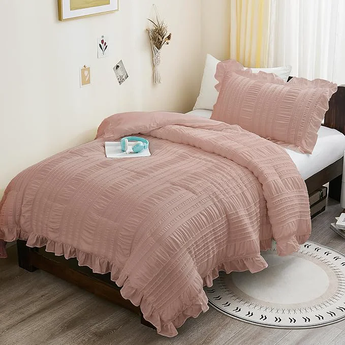 Durable WONGS BEDDING Comforter Full Size Pink Ruffle Comforter for Full Bed for Dorm Room Essentials Soft Seersucker Textured Bedding Set Full Size Comforter Sets for Girls 90 quot ×78 quot Refined