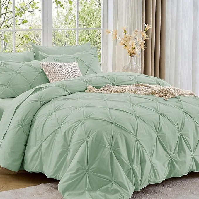 Elegant Sasttie Queen Comforter Set 7-Piece Bed in a Bag Pintuck Bedding Set for All Season Includes Comforter Flat Sheet Fitted Sheet Pillowcases and Pillowshams Light Sage Green Original Design