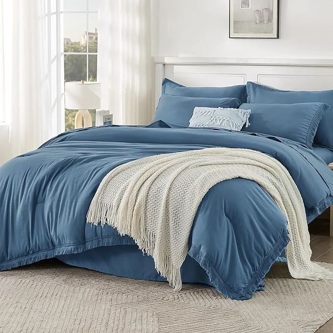 Enhanced Andency Full Size Comforter Set Sea Blue -7 Pieces Boho Tassel Bed in a Bag Soft Lightweight Bedding Sets Fringe All Season Bed Set with Comforter Sheets Pillowcases amp Shams Quality