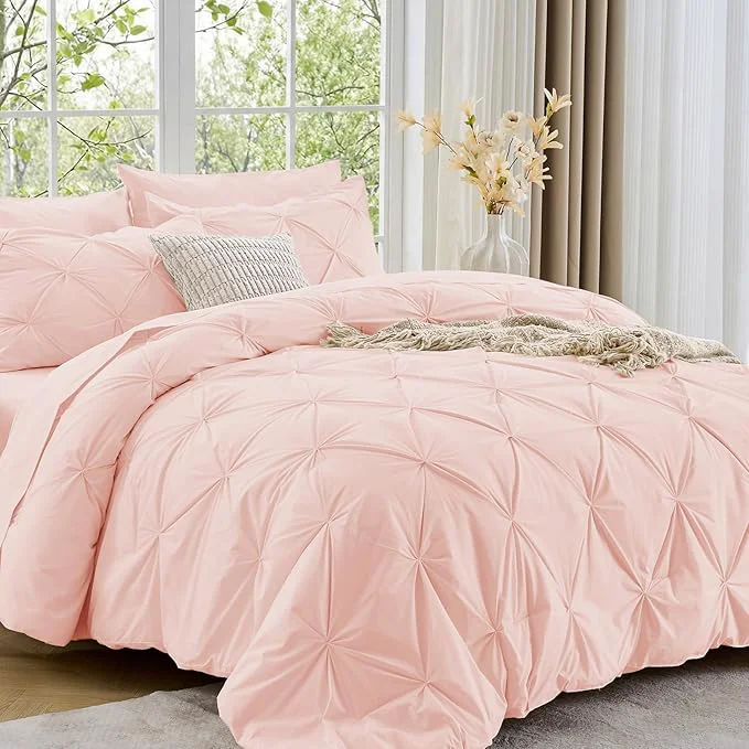 Carefully Designed Sasttie Queen Comforter Set 7-Piece Bed in a Bag Pintuck Bedding Sets for All Season Includes Comforter Flat Sheet Fitted Sheet Pillowcases and Pillowshams Blush Pink High-Performance