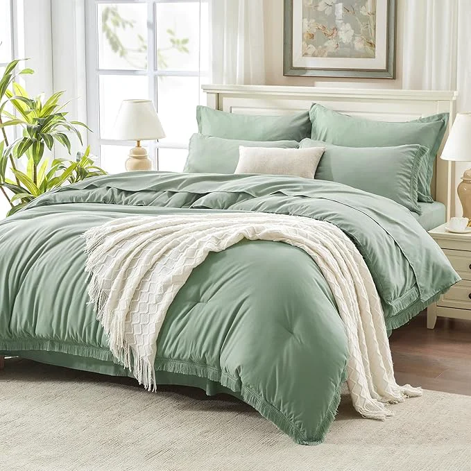 Environmentally Friendly Andency Sage Green Comforter Set King Size with Sheets -7 Pieces Boho Tassel Bed in a Bag Soft Lightweight Bedding Sets All Season Fringe Bed Set with Comforter Sheets Pillowcases amp Shams Consistent