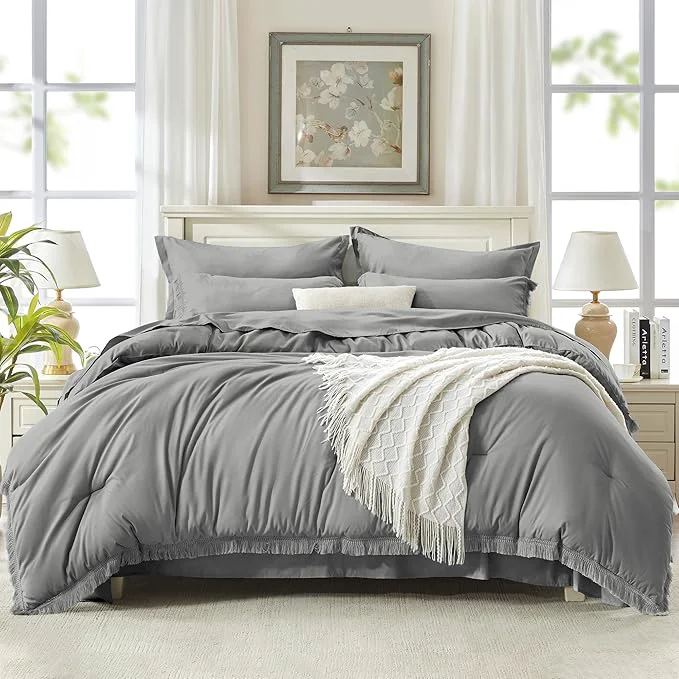 Casual Andency King Size Comforter Set with Sheets Medium Grey – 7 Pieces Bed in a Bag Boho Soft Lightweight Bedding Sets Tassel Bed Set with Comforter Sheets Pillowcases amp Shams Flexible