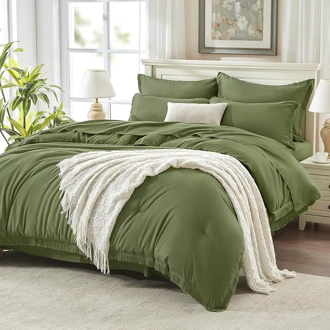 Sophisticated Andency Oversized King Comforter Set with Sheets 120×120 Olive Green – 7 Pieces Boho Tassel Bed in a Bag Soft Lightweight Bedding Sets Fringe Bed Set with Comforter Sheets Pillowcases amp Shams
