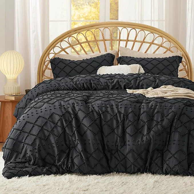 High-Grade Bedsure King Comforter Set – Black Comforter Boho Tufted Shabby Chic Bedding for Kids 3 Pieces Vintage Farmhouse Bed Set for All Seasons Fluffy Soft Bedding with 2 Pillow Shams Certified