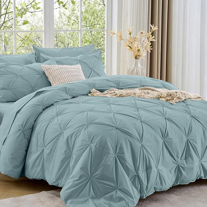 Original Design Sasttie Queen Comforter Set 7-Piece Bed in a Bag Pintuck Bedding Sets for All Season Includes Comforter Flat Sheet Fitted Sheet Pillowcases and Pillowshams Greylish Blue Exceptional