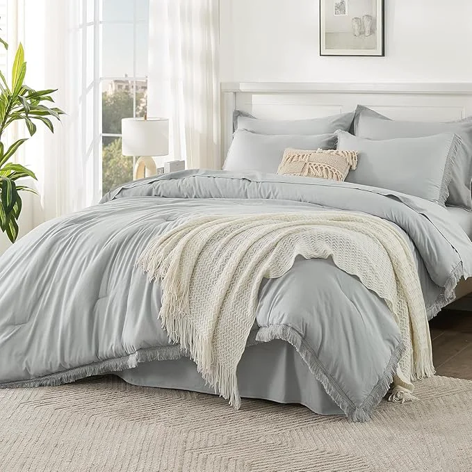 Carefully Designed Andency Oversized King Comforter Set with Sheets 120×120 Light Grey – 7 Pieces Boho Tassel Bed in a Bag Soft Lightweight Bedding Sets Fringe Bed Set with Comforter Sheets Pillowcases amp Shams Outstanding