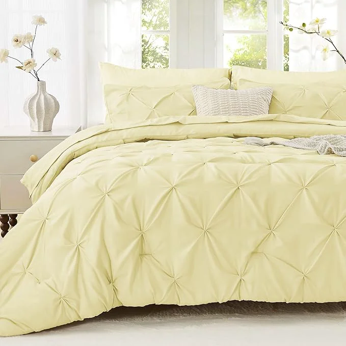 World-Class Sasttie California King Comforter Set 7-Piece Bed in a Bag Pintuck Bedding Sets for All Season Includes Comforter Flat Sheet Fitted Sheet Pillowcases and Pillowshams Cream Yellow Optimized
