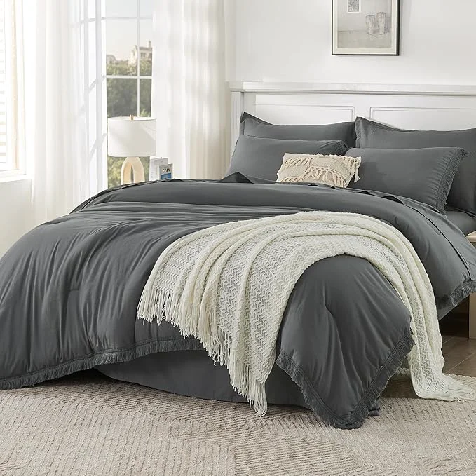 High-Performance Andency Dark Grey Queen Size Comforter Set with Sheets – 7 Pieces Boho Tassel Bed in a Bag Soft Lightweight Bedding Sets Dark Grey Fringe Bed Set with Comforter Sheets Pillowcases amp Shams Practical