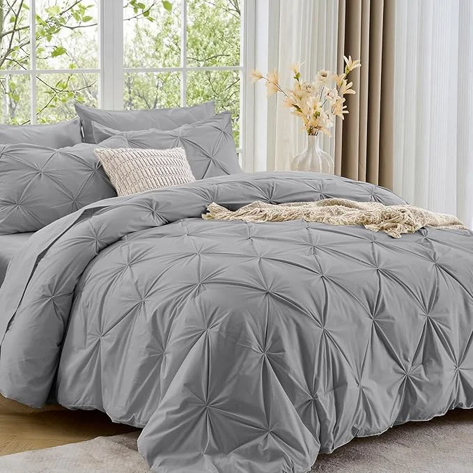 Verified Sasttie Twin XL Comforter Set 5-Piece Bed in a Bag Pintuck Bedding Sets for All Season Includes Comforter Flat Sheet Fitted Sheet Pillowcase and Pillowsham Light Grey Premium Material