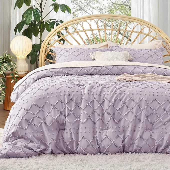 Professional Bedsure Queen Comforter Set – Lavender Comforter Boho Tufted Shabby Chic Bedding for Kids 3 Pieces Vintage Farmhouse Bed Set for All Seasons Fluffy Soft Bedding with 2 Pillow Shams Functional