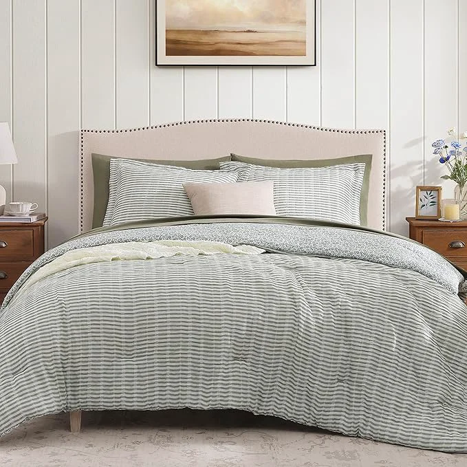 Natural King Comforter Set – 7 Pieces Green Gauze Muslin Bedding Sets for All Seasons Lightweight Breathable Bed in a Bag King with Revesible Farmhouse Comforter Sheets Pillowcases amp Shams High-Grade