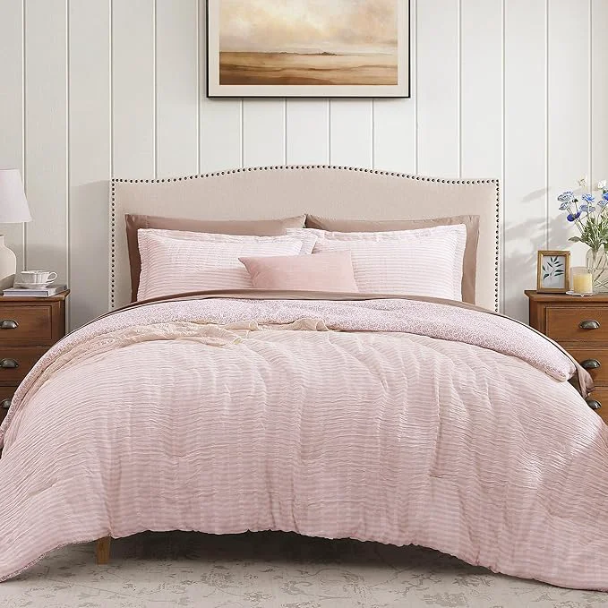 Organic Full Comforter Set – 7 Pieces Pink Gauze Muslin Bedding Sets for All Seasons Lightweight Breathable Bed in a Bag Full with Revesible Farmhouse Comforter Sheets Pillowcases amp Sham Professional