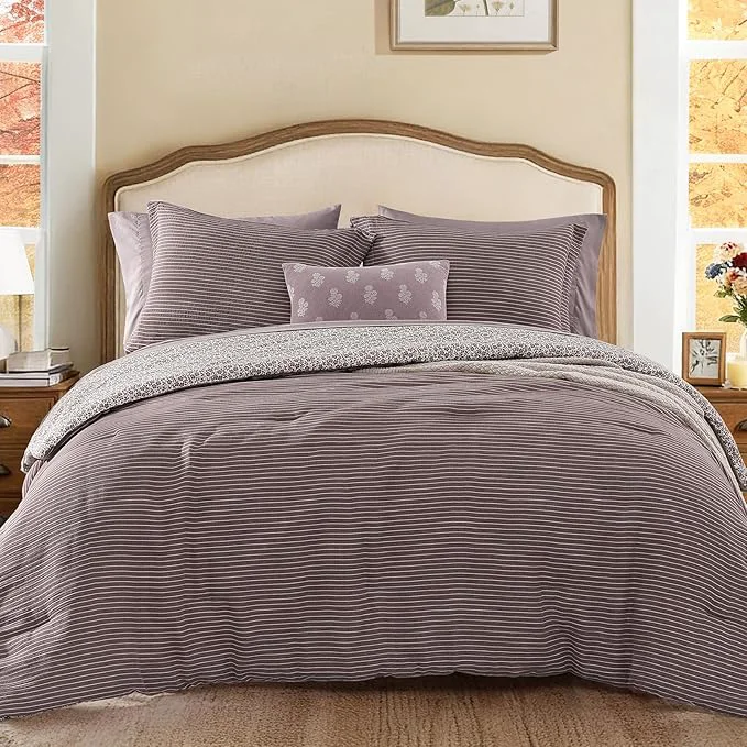 Long-Lasting Queen Comforter Set – 7 Pieces Deep Purple Gauze Muslin Bedding Sets for All Seasons Lightweight Breathable Bed in a Bag Queen with Revesible Farmhouse Comforter Sheets Pillowcases amp Shams Green