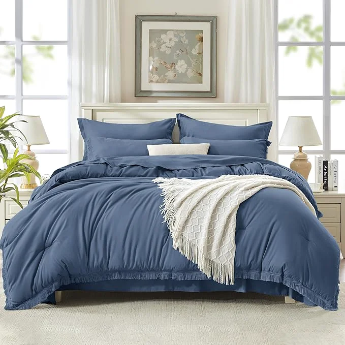 Eco-Friendly Andency Queen Comforter Set with Sheets Bluish Grey – 7 Pieces Boho Tassel Bed in a Bag Soft Lightweight Bedding Sets Fringe Bed Set with Comforter Sheets Pillowcases amp Shams Professional