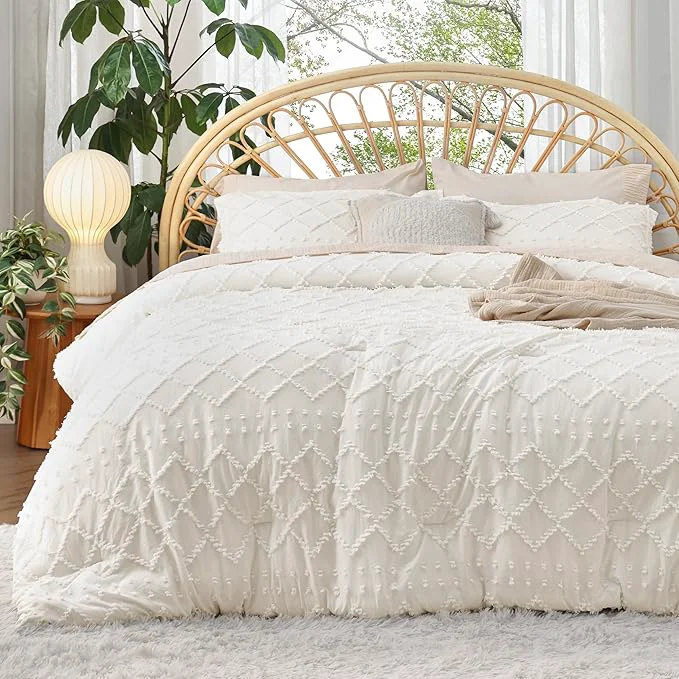 Organic Bedsure Twin Comforter Set – Ivory Comforter Boho Tufted Shabby Chic Bedding for Kids 2 Pieces Vintage Farmhouse Bed Set for All Seasons Fluffy Soft Bedding with 1 Pillow Sham World-Class