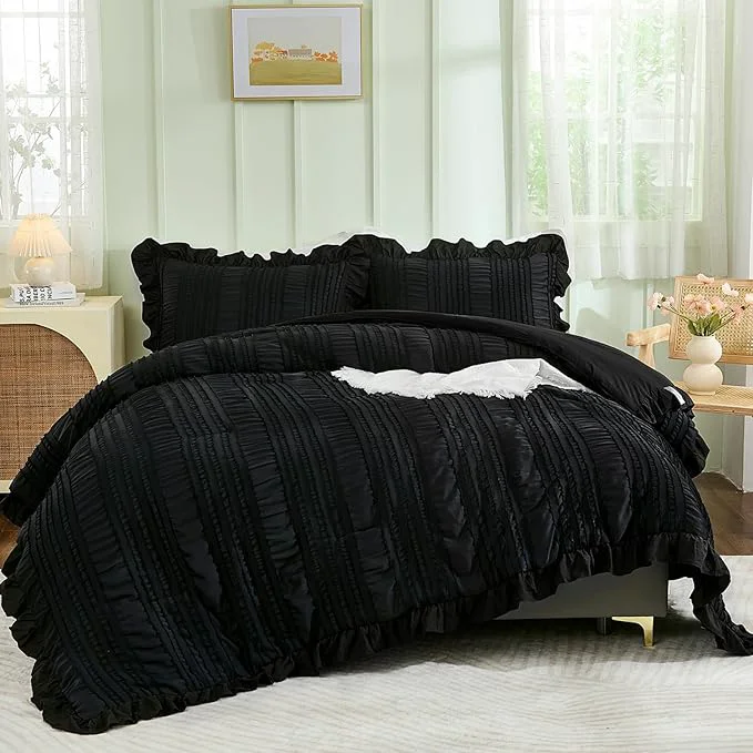 Smart WONGS BEDDING Black Comforter Set King 3 Pieces Ruffle Farmhouse Shabby Chic Boho Comforter for King Bed Soft Textured Bedding Set with 1 Ruffle Comforter 2 Tufted Pillowcases 104 quot ×90 quot Convenient