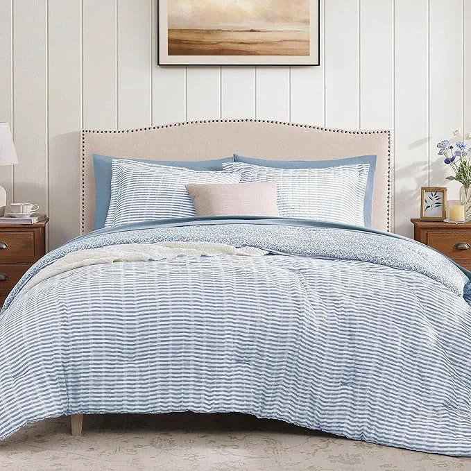 Authentic King Comforter Set – 7 Pieces Blue Gauze Muslin Bedding Sets for All Seasons Lightweight Breathable Bed in a Bag King with Revesible Farmhouse Comforter Sheets Pillowcases amp Shams Optimized