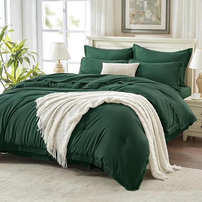 Fine Andency Full Size Comforter Set with Sheets Dark Emerald Green -7 Pieces Bed in a Bag Boho Tassel Bedding Sets All Season Fringe Bed Set with Comforter Sheets Pillowcases amp Shams Stylish