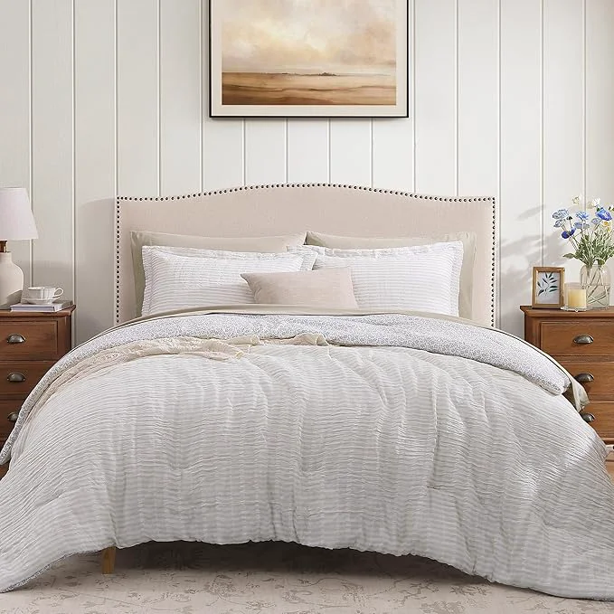 Certified King Comforter Set – 7 Pieces Beige Gauze Muslin Bedding Sets for All Seasons Lightweight Breathable Bed in a Bag King with Revesible Farmhouse Comforter Sheets Pillowcases amp Shams Authentic