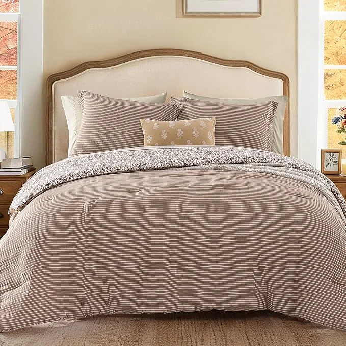 Fine Crafted Full Comforter Set – 7 Pieces Dark Brown Gauze Muslin Bedding Sets for All Seasons Lightweight Breathable Bed in a Bag Full with Revesible Farmhouse Comforter Sheets Pillowcases amp Shams