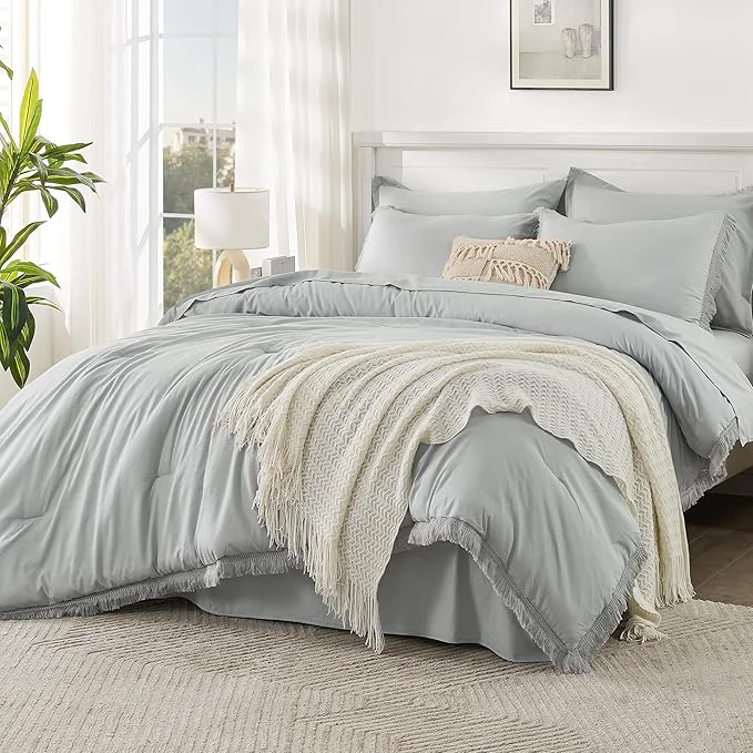 Luxury Andency California King Size Comforter Set with Sheets Light Grey – 7 Pieces Cal King Bed in a Bag Boho Bedding Sets Light Grey Bed Set with Comforter Sheets Pillowcases amp Shams Solid