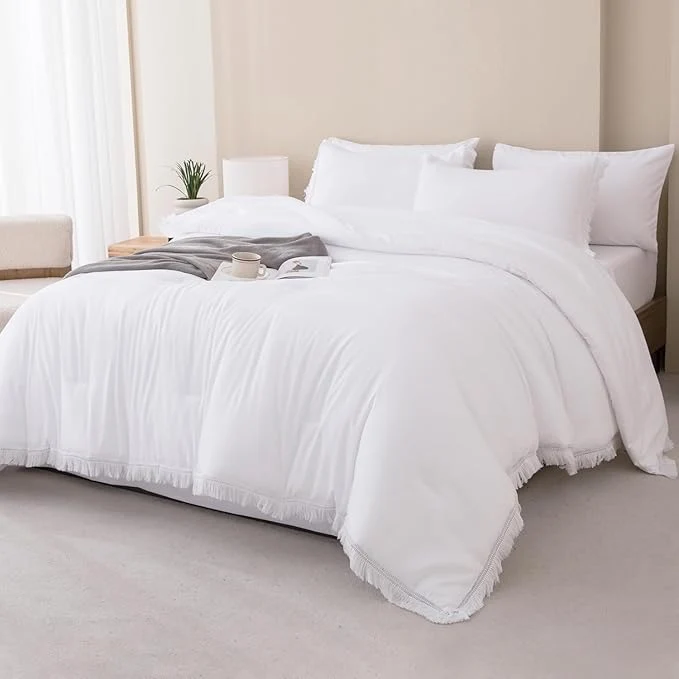 Fast Andency Oversized King Comforter Set White 120×98-7 Pieces Boho Tassel Bed in a Bag Soft Lightweight Bedding Sets Fringe All Season Bed Set with Comforter Sheets Pillowcases amp Shams Fashionable