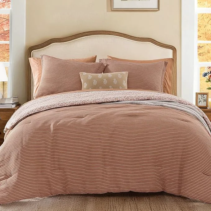Refined Queen Comforter Set – 7 Pieces Autumn Leaf Gauze Muslin Bedding Sets for All Seasons Lightweight Breathable Bed in a Bag Queen with Revesible Farmhouse Comforter Sheets Pillowcases amp Shams Easy-to-Use