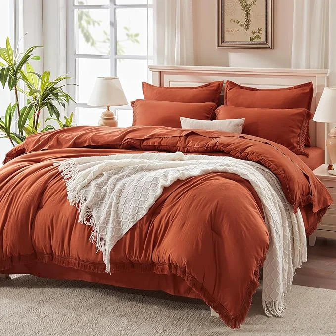 Luxury Andency Oversized King Comforter Set Terracotta 120×98-7 Pieces Boho Tassel Bed in a Bag Soft Lightweight Bedding Sets Fringe All Season Bed Set with Comforter Sheets Pillowcases amp Shams Trusted