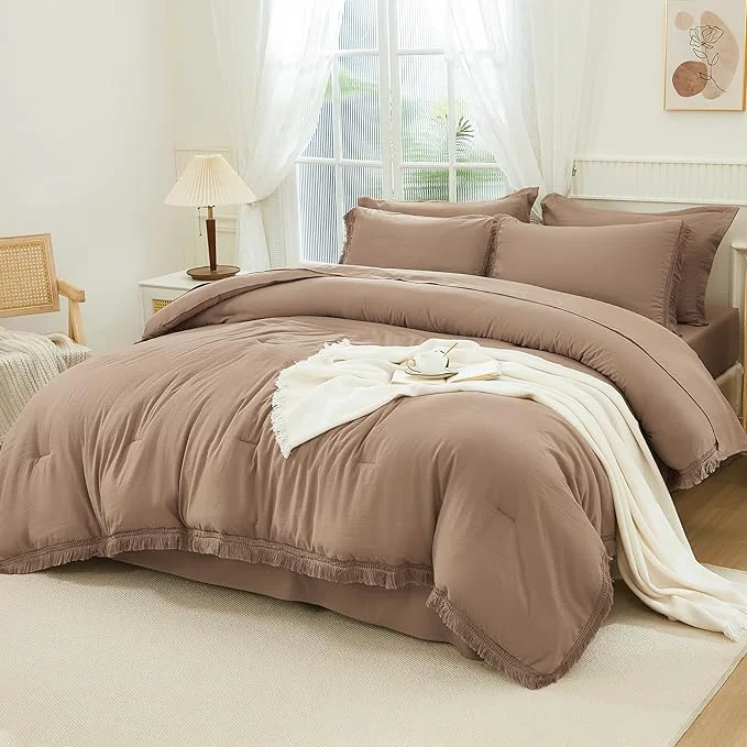 Consistent Andency Taupe Queen Size Comforter Set with Sheets – 7 Pieces Boho Tassel Bed in a Bag Soft Lightweight Bedding Sets Taupe Fringe Bed Set with Comforter Sheets Pillowcases amp Shams Convenient