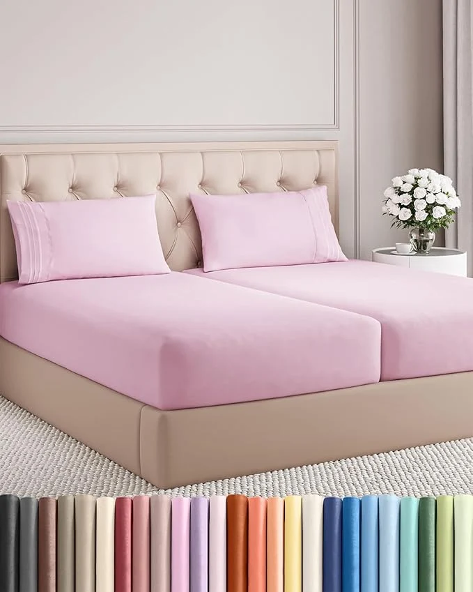 Natural Split King Size 5 Piece Sheet Set – Comfy Breathable amp Cooling Bed Sheets Set – Hotel Luxury Bedding for Women Men Kids Teens Boys amp Girls – Deep Pockets and Wrinkle – Oeko-Tex – Light Pink Carefully Designed