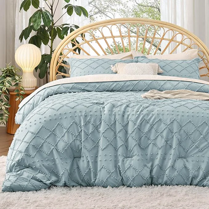 Powerful Bedsure Queen Comforter Set – Dusty Blue Comforter Boho Tufted Shabby Chic Bedding for Kids 3 Pieces Vintage Farmhouse Bed Set for All Seasons Fluffy Soft Bedding with 2 Pillow Shams