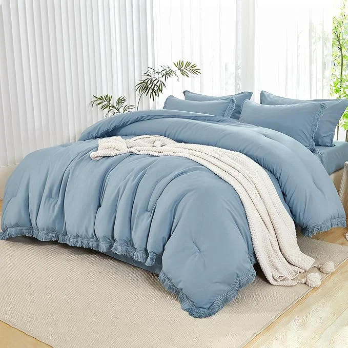 Innovative Andency Full Size Comforter Set Grayish Blue -7 Pieces Boho Tassel Bed in a Bag Soft Lightweight Bedding Sets All Season Fringe Bed Set with Comforter Sheets Pillowcases amp Shams Modern