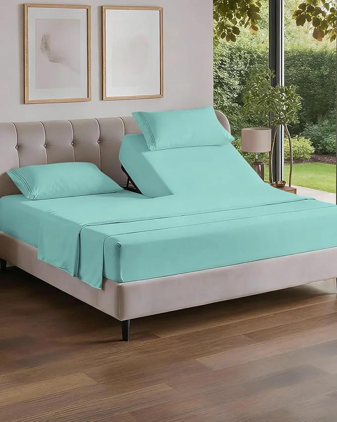 Comfortable Flex Top Split Head King 4 Piece Sheet Set – Comfy Breathable amp Cooling Bed Sheets Set – Hotel Luxury Bedding for Women Men Kids Teens Boys amp Girls – Deep Pockets Ultra-Soft – Oeko-Tex – Spa Blue Organic