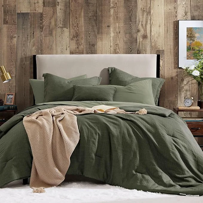 Smart Geniospin Dark Olive Green Oversize Queen Comforter Set – 7 Pieces Comforter Queen Size Solid Bedding Set for All Season Textured Bed in a Bag with Sheets Sophisticated