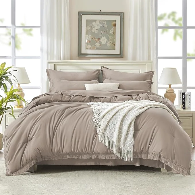 Pure Andency Queen Comforter Set with Sheets Khaki – 7 Pieces Boho Tassel Bed in a Bag Soft Lightweight Bedding Sets Fringe Bed Set with Comforter Sheets Pillowcases amp Shams Eco-Friendly