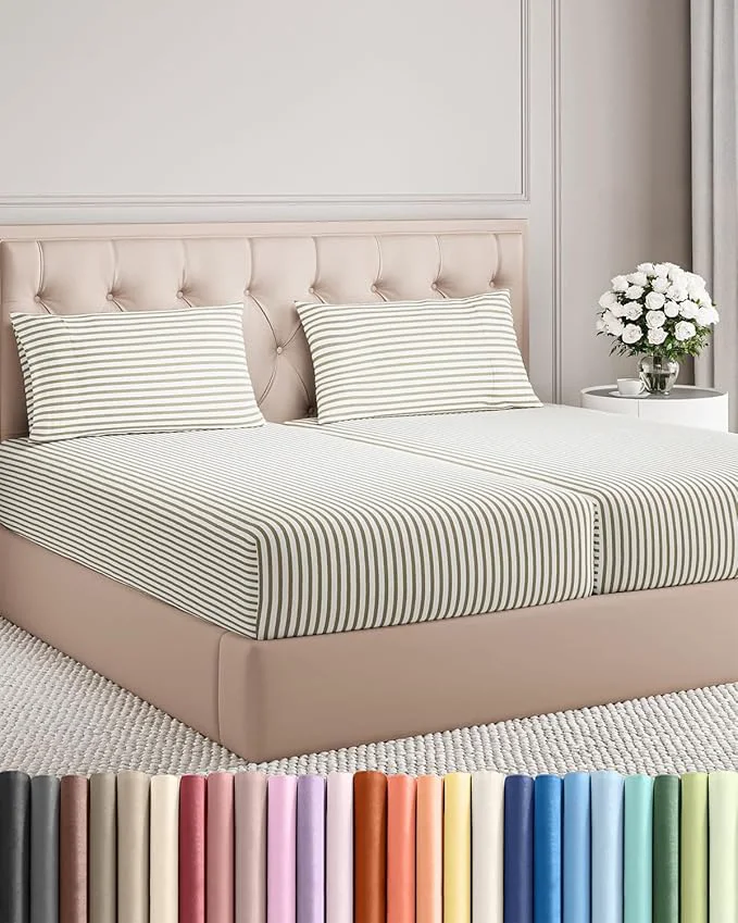 Casual Split King Size 5 Piece Sheet Set – Comfy Breathable amp Cooling Bed Sheets Set – Hotel Luxury Bedding for Women Men Kids Teens Boys amp Girls – Deep Pockets Soft and Wrinkle – Beige Stripes 2 Responsible