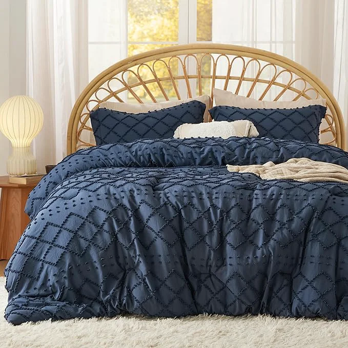 Premium Material Bedsure California King Comforter Set – Navy Blue Comforter Boho Tufted Shabby Chic Bedding for Kids 3 Pieces Vintage Farmhouse Bed Set for All Seasons Fluffy Soft Bedding with 2 Pillow Shams Easy-to-Use
