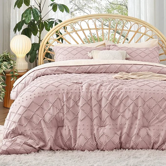 Modern Bedsure Queen Comforter Set – Dusty Rose Comforter Boho Tufted Shabby Chic Bedding for Kids 3 Pieces Vintage Farmhouse Bed Set for All Seasons Fluffy Soft Bedding with 2 Pillow Shams Optimized
