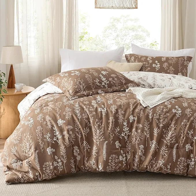 Smooth Bedsure Queen Comforter Set – Brown Bed Set 3 Pieces Cute Floral Bedding 1 Soft Reversible Botanical Flowers Comforter and 2 Pillow Shams Modern