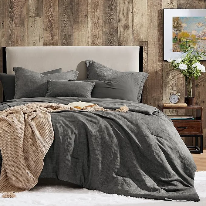 High-Performance Geniospin Full Comforter Set – 7 Pieces Comforter Full Size Solid Bedding Sets for All Season Textured Bed in a Bag with Flat Sheet and Fitted Sheet Pillowcases and Shams Grey 80 39 39 x90 39 39 Pure