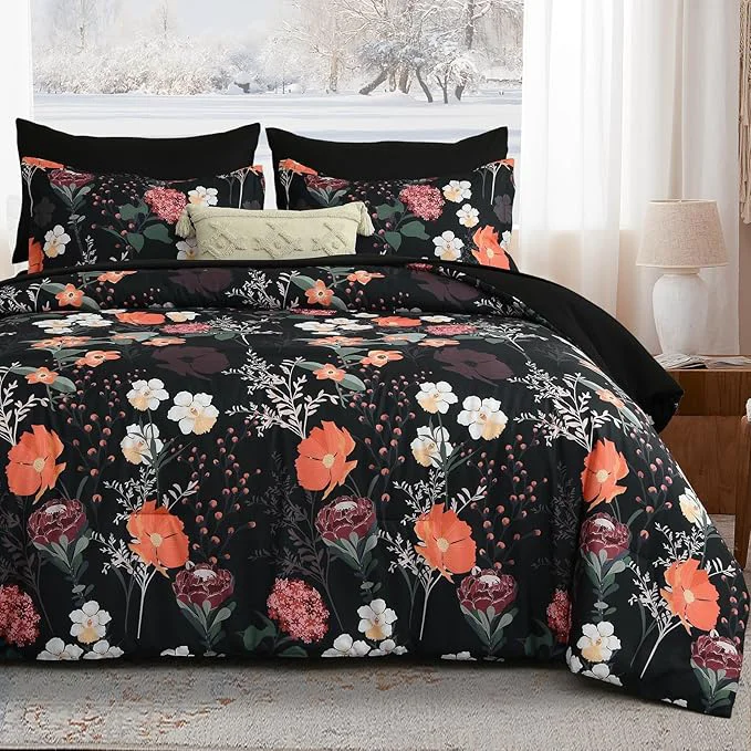 Trendy Yiran Black Red Floral Comforter Set King Size 7 Piece Winter Comforter Bedding Set Farmhouse Bed in a Bag Soft Microfiber Complete Bedding Set with Sheets for All Season Casual