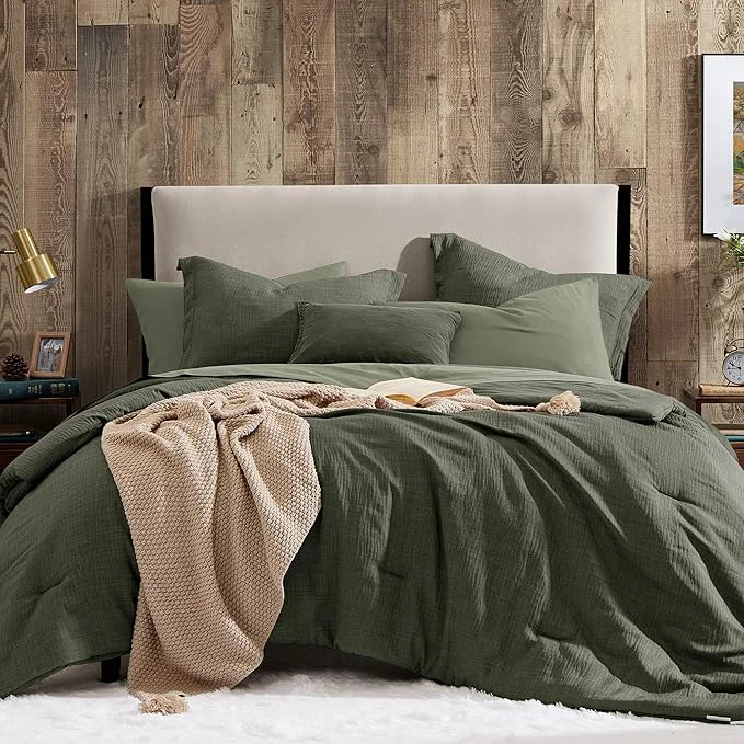Recyclable Geniospin Dark Olive Green Twin Comforter Set – 5 Pieces Comforter Twin Size Solid Bedding Set for All Season Textured Bed in a Bag with Sheets First-Class