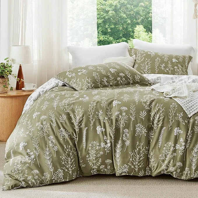 Exceptional Bedsure Full Comforter Set – Olive Green Bed Set 3 Pieces Cute Floral Bedding 1 Soft Reversible Botanical Flowers Comforter and 2 Pillow Shams Dependable