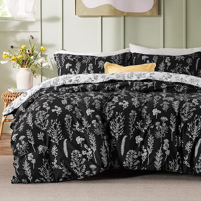 Breathable Bedsure King Comforter Set – Black Bed Set 3 Pieces Cute Floral Bedding 1 Soft Reversible Botanical Flowers Comforter and 2 Pillow Shams Optimized